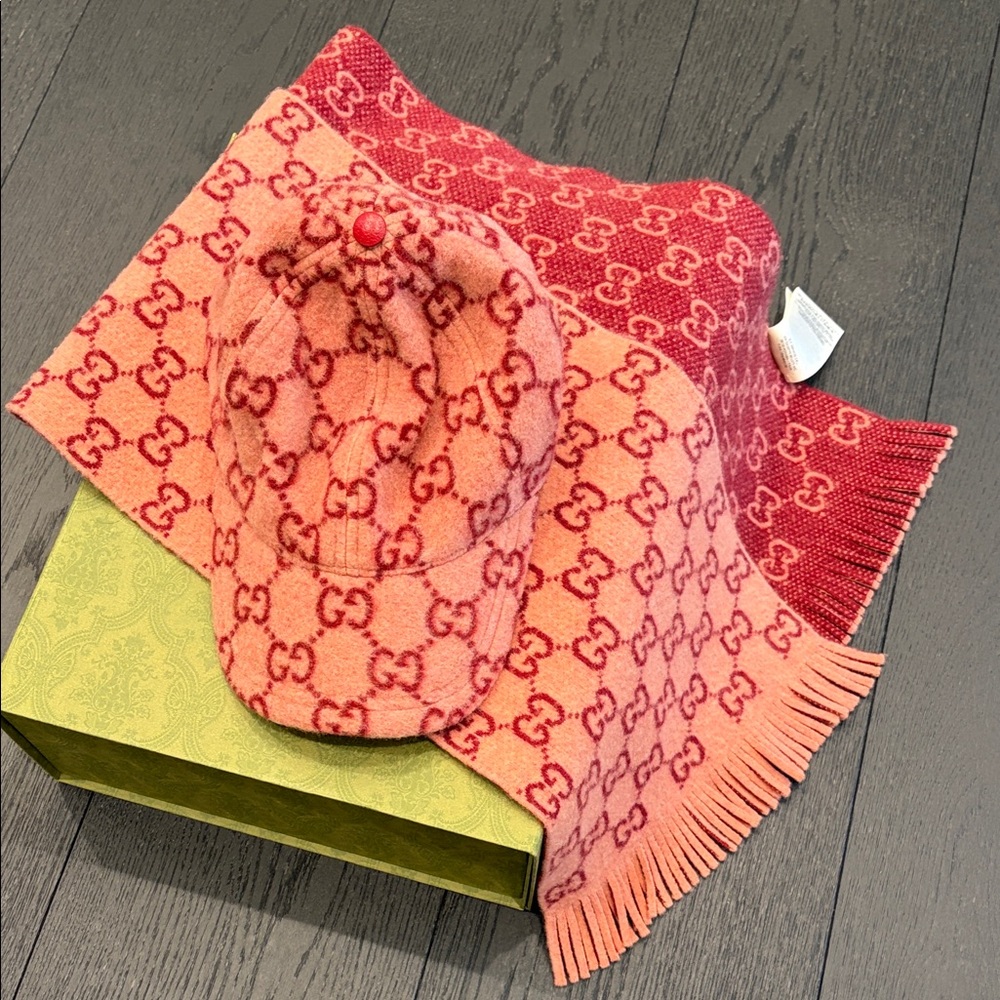Gucci Pink and Red Logo Hat and Scarf Set
